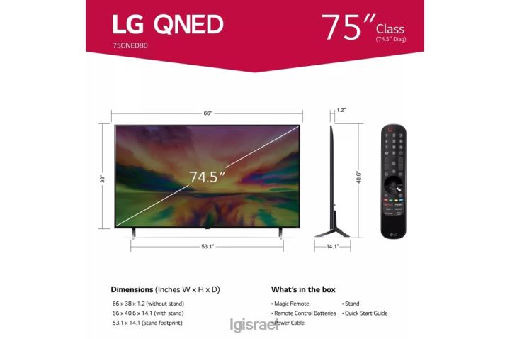 טלוויזיה| LG 75 אינץ' class qned80 ura series 4k uhd smart webos 23 w/think ai tv 75qned80ura 6TDNN252